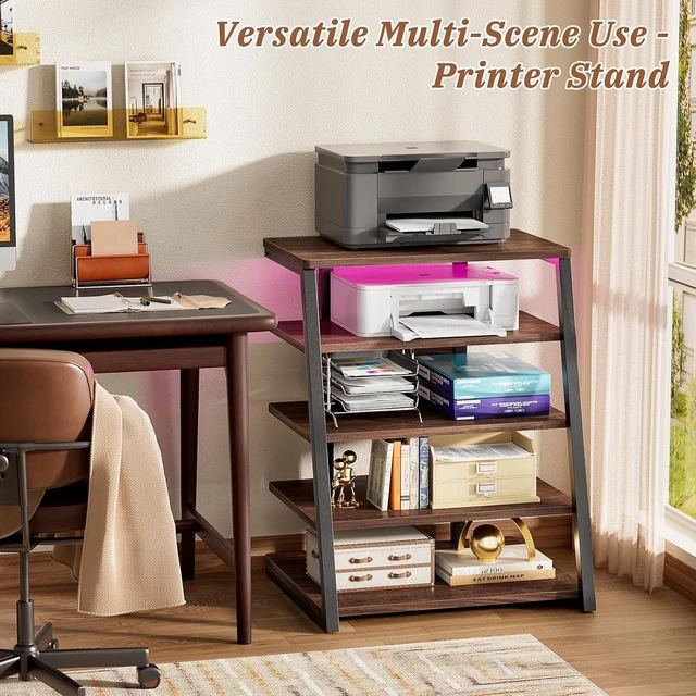 Alt view image 6 of 7 - AV Media Stand, Stereo Stands and Racks Small Entertainment Center, Corner Shelf Stand with Power Strip & LED Lights, Audio Tower HIFI Rack Stereo Shelf CRT TV Stand, 5 Tier, Black Walnut Black Walnut