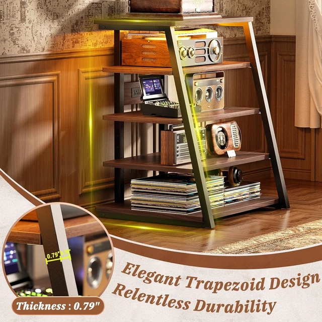 Alt view image 2 of 7 - AV Media Stand, Stereo Stands and Racks Small Entertainment Center, Corner Shelf Stand with Power Strip & LED Lights, Audio Tower HIFI Rack Stereo Shelf CRT TV Stand, 5 Tier, Black Walnut Black Walnut