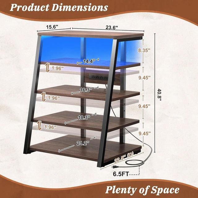Alt view image 3 of 7 - AV Media Stand, Stereo Stands and Racks Small Entertainment Center, Corner Shelf Stand with Power Strip & LED Lights, Audio Tower HIFI Rack Stereo Shelf CRT TV Stand, 5 Tier, Black Walnut Black Walnut