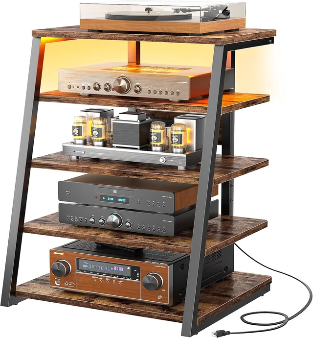 Main image of AV Media Stand, Stereo Stands and Racks Small Entertainment Center, Corner Shelf Stand with Power Strip & LED Lights, Audio Tower HIFI Rack Stereo Shelf CRT TV Stand, 5 Tier, Rustic Brown