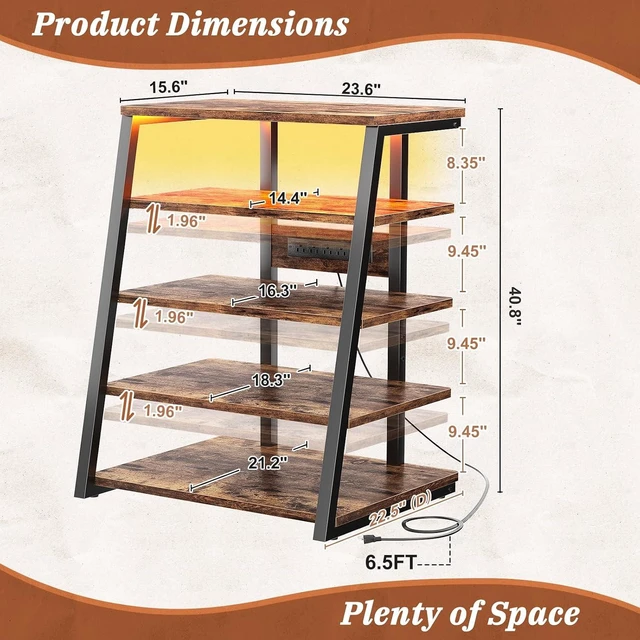 Alt view image 2 of 7 - AV Media Stand, Stereo Stands and Racks Small Entertainment Center, Corner Shelf Stand with Power Strip & LED Lights, Audio Tower HIFI Rack Stereo Shelf CRT TV Stand, 5 Tier, Rustic Brown