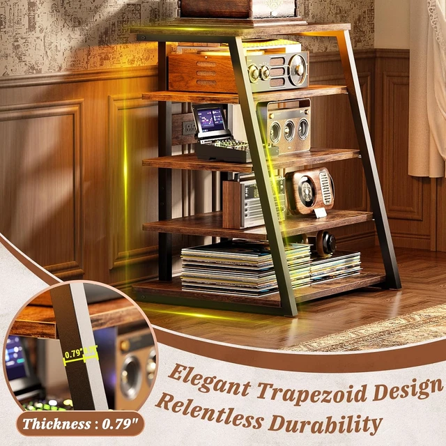 Alt view image 5 of 7 - AV Media Stand, Stereo Stands and Racks Small Entertainment Center, Corner Shelf Stand with Power Strip & LED Lights, Audio Tower HIFI Rack Stereo Shelf CRT TV Stand, 5 Tier, Rustic Brown