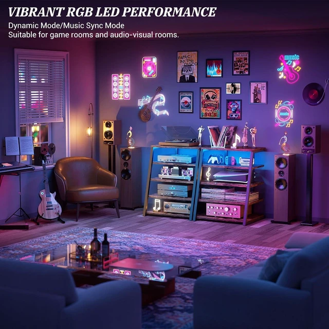 Alt view image 4 of 7 - AV Media Stand, Stereo Stands and Racks Small Entertainment Center, Corner Shelf Stand with Power Strip & LED Lights, Audio Tower HIFI Rack Stereo Shelf CRT TV Stand, 5 Tier, Rustic Brown