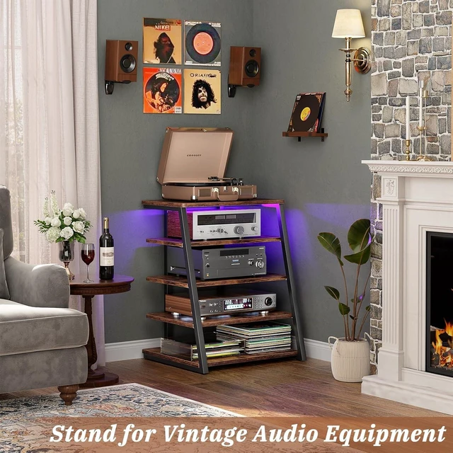 Alt view image 3 of 7 - AV Media Stand, Stereo Stands and Racks Small Entertainment Center, Corner Shelf Stand with Power Strip & LED Lights, Audio Tower HIFI Rack Stereo Shelf CRT TV Stand, 5 Tier, Rustic Brown