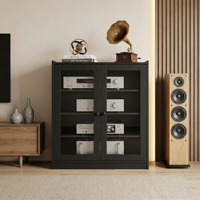 Alt view image 4 of 5 - Audio Stereo Cabinet with Glass Doors, 35.4" Tall AV Component Media Stand, Record Player Stand with Adjustable Shelves & Cable Management, Black