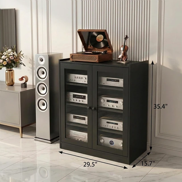 Alt view image 3 of 5 - Audio Stereo Cabinet with Glass Doors, 35.4" Tall AV Component Media Stand, Record Player Stand with Adjustable Shelves & Cable Management, Black