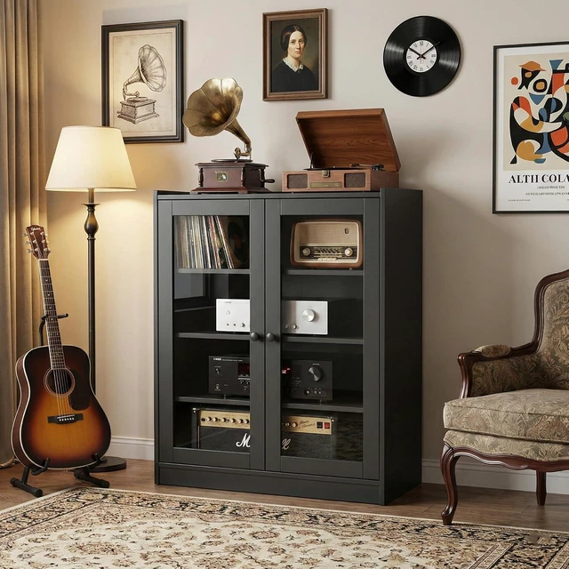Main image of Audio Stereo Cabinet with Glass Doors, 35.4" Tall AV Component Media Stand, Record Player Stand with Adjustable Shelves & Cable Management, Black