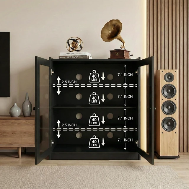 Alt view image 2 of 5 - Audio Stereo Cabinet with Glass Doors, 35.4" Tall AV Component Media Stand, Record Player Stand with Adjustable Shelves & Cable Management, Black