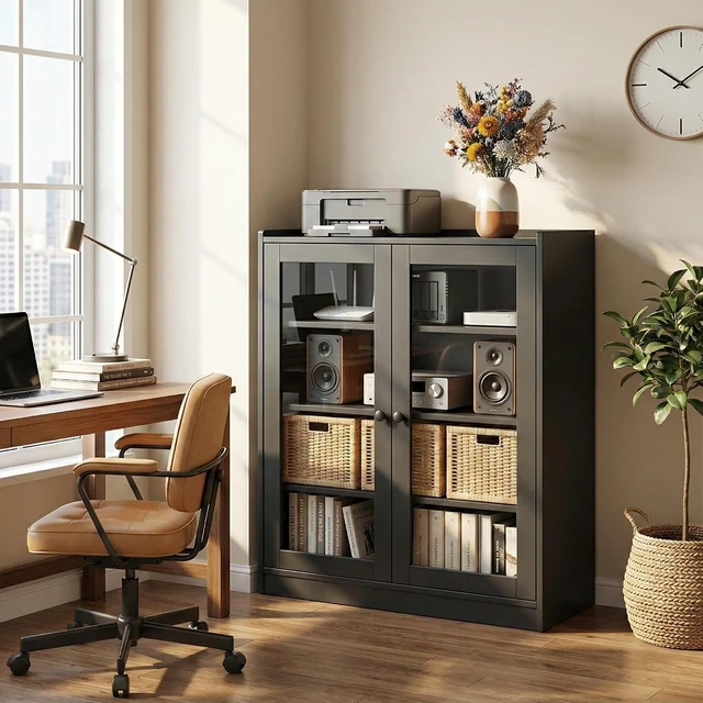 Alt view image 5 of 5 - Audio Stereo Cabinet with Glass Doors, 35.4" Tall AV Component Media Stand, Record Player Stand with Adjustable Shelves & Cable Management, Black