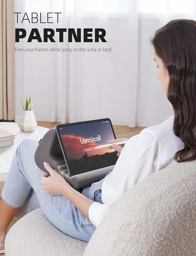 Alt view image 6 of 7 - Tablet Stand Pillow Holder - Tablet Pillow Soft Pad for Bed Tablet Lap Stand with Stylus Mount & Pocket, for iPad Pro 12.9, Air, Mini, Kindle, Galaxy Tab and 4-13" Devices, Gray