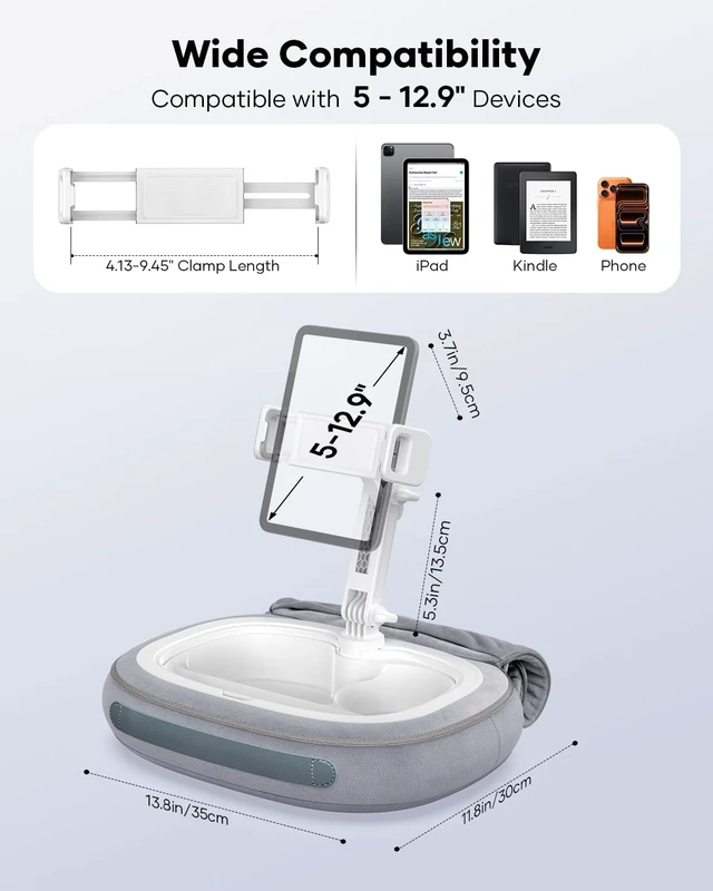 Alt view image 4 of 7 - Tablet Pillow Stand for Bed, 360° Rotating iPad Holder for 5"12.9" Devices Kindle Holder with Snack Bowl & Carry Handle, Soft Plush Fabric, Hands-Free Reading Stand for Bed, Couch & Recliner, Gray
