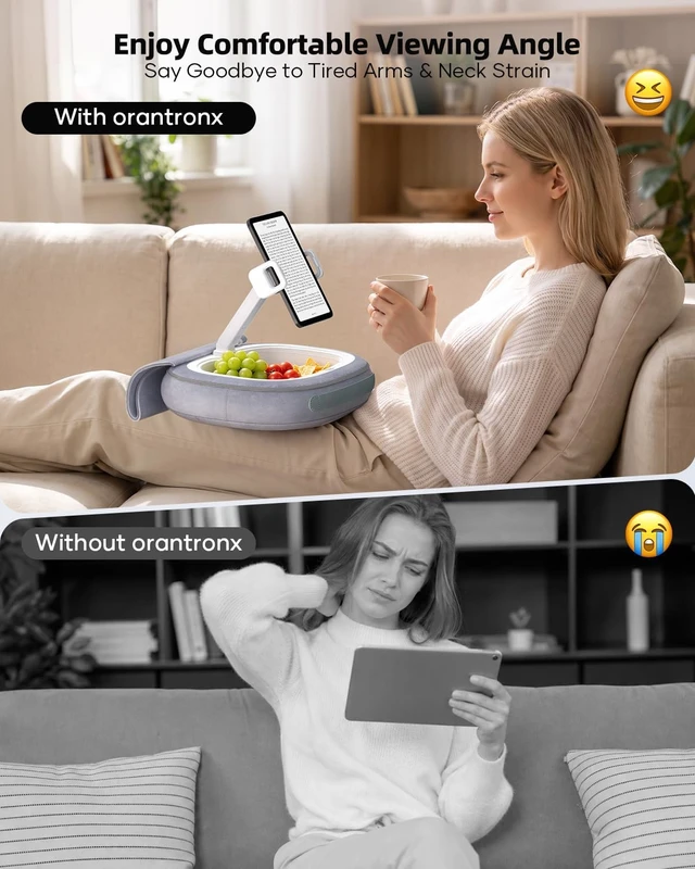 Alt view image 6 of 7 - Tablet Pillow Stand for Bed, 360° Rotating iPad Holder for 5"12.9" Devices Kindle Holder with Snack Bowl & Carry Handle, Soft Plush Fabric, Hands-Free Reading Stand for Bed, Couch & Recliner, Gray