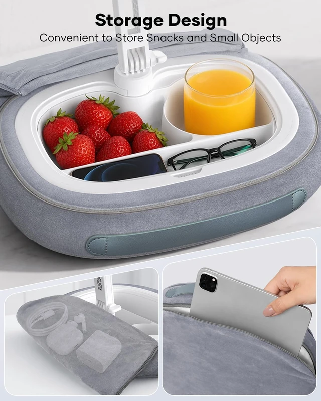 Alt view image 7 of 7 - Tablet Pillow Stand for Bed, 360° Rotating iPad Holder for 5"12.9" Devices Kindle Holder with Snack Bowl & Carry Handle, Soft Plush Fabric, Hands-Free Reading Stand for Bed, Couch & Recliner, Gray