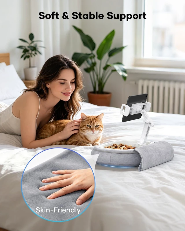 Alt view image 3 of 7 - Tablet Pillow Stand for Bed, 360° Rotating iPad Holder for 5"12.9" Devices Kindle Holder with Snack Bowl & Carry Handle, Soft Plush Fabric, Hands-Free Reading Stand for Bed, Couch & Recliner, Gray