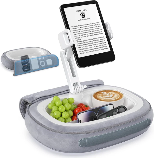 Main image of Tablet Pillow Stand for Bed, 360° Rotating iPad Holder for 5"12.9" Devices Kindle Holder with Snack Bowl & Carry Handle, Soft Plush Fabric, Hands-Free Reading Stand for Bed, Couch & Recliner, Gray