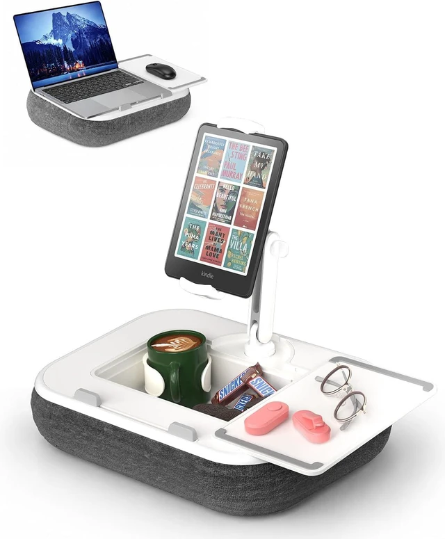 Main image of Kindle Pillow Stand Holder, Phone Holder for Bed, Laptop Lap Desk with Mouse Pad,Compatible with 4.7-13" Kindle/Tablet/Phone,10-15" Laptop, Snack Bowl&Cup Attachment&Detachable 360°Stand Arm,Grey