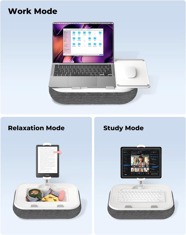 Alt view image 3 of 7 - Kindle Pillow Stand Holder, Phone Holder for Bed, Laptop Lap Desk with Mouse Pad,Compatible with 4.7-13" Kindle/Tablet/Phone,10-15" Laptop, Snack Bowl&Cup Attachment&Detachable 360°Stand Arm,Grey