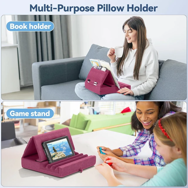 Alt view image 5 of 7 - Tablet Pillow Holder, Foldable iPad Stand for Lap, Bed and Desk -Tablet Soft Pad Dock with Pocket & Stylus Mount Compatible with iPad Pro 12.9, 10.5, 9.7 Air Mini 6 5 4 3, Galaxy Tab, E-Reader Purple
