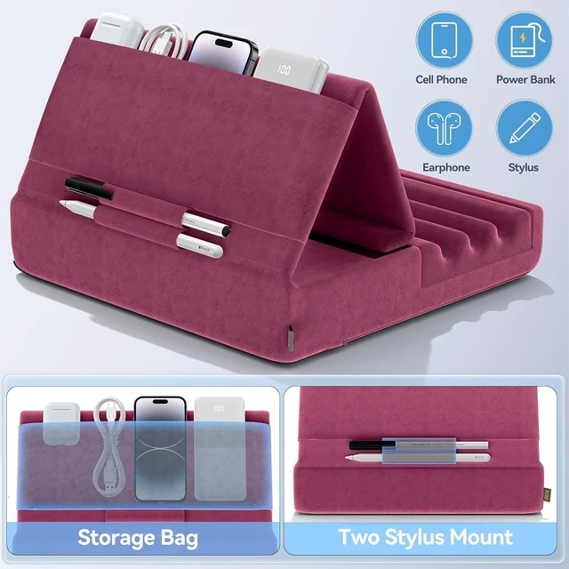 Alt view image 2 of 7 - Tablet Pillow Holder, Foldable iPad Stand for Lap, Bed and Desk -Tablet Soft Pad Dock with Pocket & Stylus Mount Compatible with iPad Pro 12.9, 10.5, 9.7 Air Mini 6 5 4 3, Galaxy Tab, E-Reader Purple