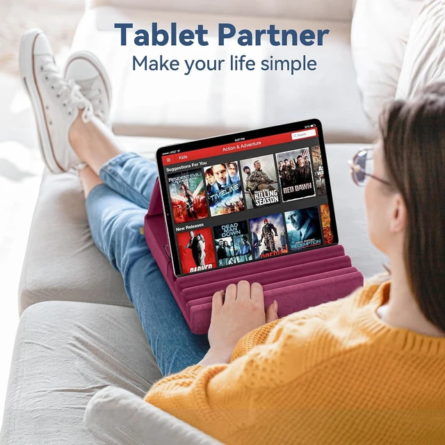 Alt view image 4 of 7 - Tablet Pillow Holder, Foldable iPad Stand for Lap, Bed and Desk -Tablet Soft Pad Dock with Pocket & Stylus Mount Compatible with iPad Pro 12.9, 10.5, 9.7 Air Mini 6 5 4 3, Galaxy Tab, E-Reader Purple