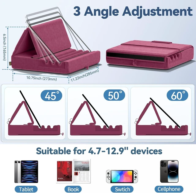 Alt view image 3 of 7 - Tablet Pillow Holder, Foldable iPad Stand for Lap, Bed and Desk -Tablet Soft Pad Dock with Pocket & Stylus Mount Compatible with iPad Pro 12.9, 10.5, 9.7 Air Mini 6 5 4 3, Galaxy Tab, E-Reader Purple