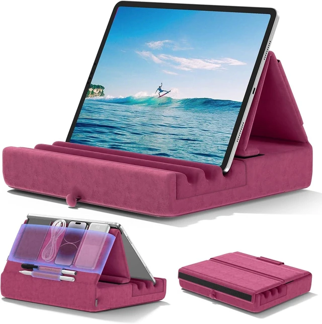 Main image of Tablet Pillow Holder, Foldable iPad Stand for Lap, Bed and Desk -Tablet Soft Pad Dock with Pocket & Stylus Mount Compatible with iPad Pro 12.9, 10.5, 9.7 Air Mini 6 5 4 3, Galaxy Tab, E-Reader Purple