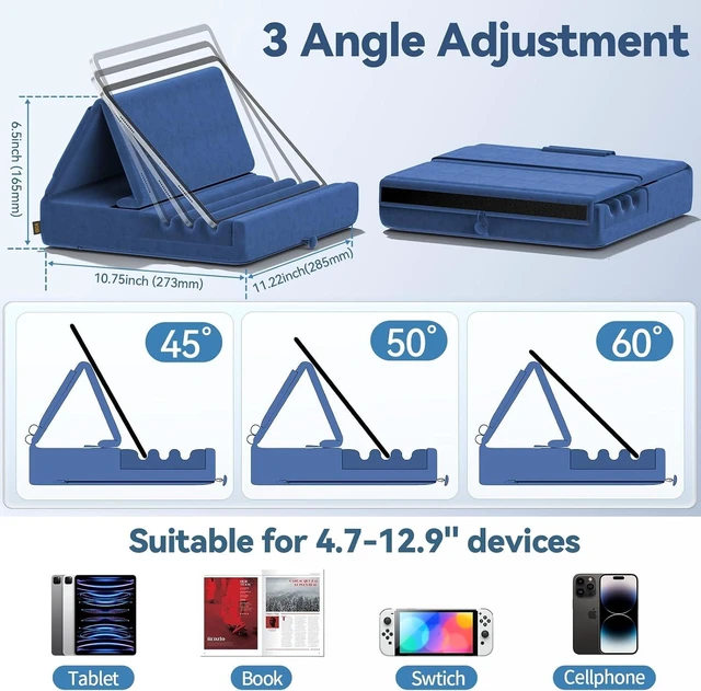 Alt view image 4 of 7 - Tablet Pillow Holder, Foldable iPad Stand for Lap, Bed and Desk -Tablet Soft Pad Dock with Pocket & Stylus Mount Compatible with iPad Pro 12.9, 10.5, 9.7 Air Mini 6 5 4 3, Galaxy Tab,E-Reader Blue