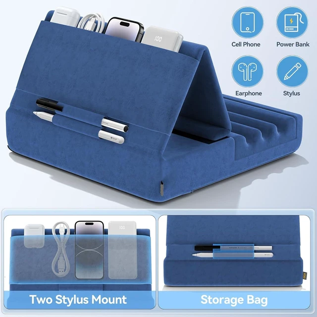 Alt view image 2 of 7 - Tablet Pillow Holder, Foldable iPad Stand for Lap, Bed and Desk -Tablet Soft Pad Dock with Pocket & Stylus Mount Compatible with iPad Pro 12.9, 10.5, 9.7 Air Mini 6 5 4 3, Galaxy Tab,E-Reader Blue