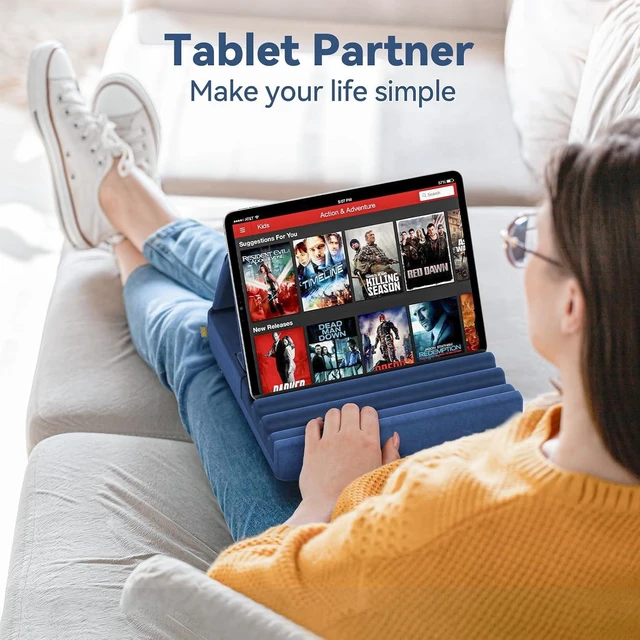 Alt view image 5 of 7 - Tablet Pillow Holder, Foldable iPad Stand for Lap, Bed and Desk -Tablet Soft Pad Dock with Pocket & Stylus Mount Compatible with iPad Pro 12.9, 10.5, 9.7 Air Mini 6 5 4 3, Galaxy Tab,E-Reader Blue