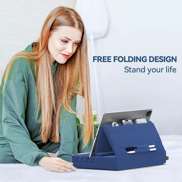 Alt view image 7 of 7 - Tablet Pillow Holder, Foldable iPad Stand for Lap, Bed and Desk -Tablet Soft Pad Dock with Pocket & Stylus Mount Compatible with iPad Pro 12.9, 10.5, 9.7 Air Mini 6 5 4 3, Galaxy Tab,E-Reader Blue