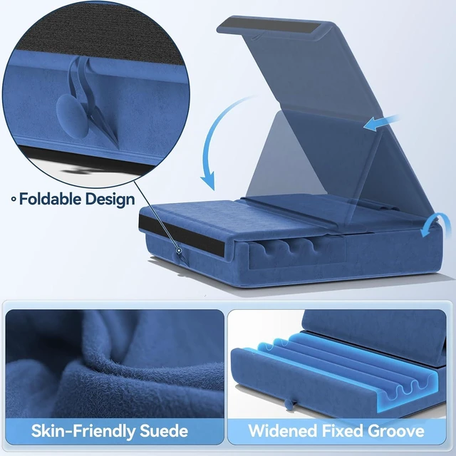 Alt view image 3 of 7 - Tablet Pillow Holder, Foldable iPad Stand for Lap, Bed and Desk -Tablet Soft Pad Dock with Pocket & Stylus Mount Compatible with iPad Pro 12.9, 10.5, 9.7 Air Mini 6 5 4 3, Galaxy Tab,E-Reader Blue