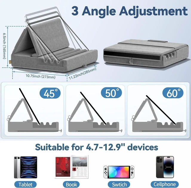 Alt view image 2 of 7 - Tablet Pillow Holder, Foldable iPad Stand for Lap, Bed and Desk -Tablet Soft Pad Dock with Pocket & Stylus Mount Compatible with iPad Pro 12.9, 10.5, 9.7 Air Mini 6 5 4 3, Galaxy Tab, E-Reader Grey