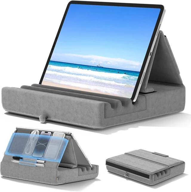 Main image of Tablet Pillow Holder, Foldable iPad Stand for Lap, Bed and Desk -Tablet Soft Pad Dock with Pocket & Stylus Mount Compatible with iPad Pro 12.9, 10.5, 9.7 Air Mini 6 5 4 3, Galaxy Tab, E-Reader Grey