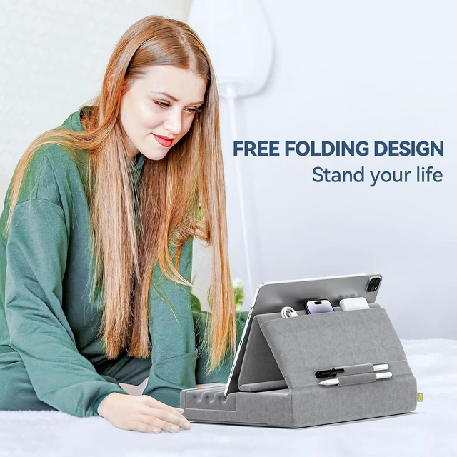 Alt view image 3 of 7 - Tablet Pillow Holder, Foldable iPad Stand for Lap, Bed and Desk -Tablet Soft Pad Dock with Pocket & Stylus Mount Compatible with iPad Pro 12.9, 10.5, 9.7 Air Mini 6 5 4 3, Galaxy Tab, E-Reader Grey