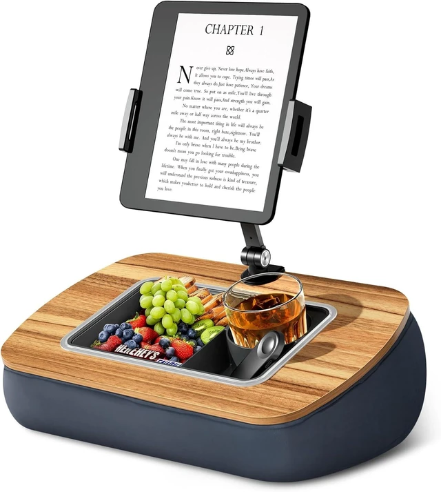 Main image of Tablet Pillow Stand for Lap, Adjustable iPad Holder with Snack Bowl 360° Rotating Clip for 4.7-13" Kindle, Phone, iPad. Ideal for Hands-Free Reading and Relaxation on Bed, Couch, Recliner -Gray
