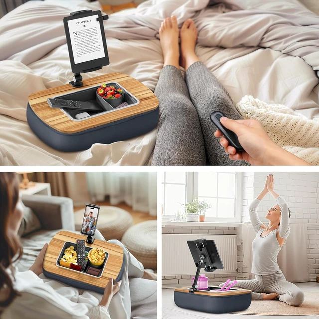 Alt view image 3 of 7 - Tablet Pillow Stand for Lap, Adjustable iPad Holder with Snack Bowl 360° Rotating Clip for 4.7-13" Kindle, Phone, iPad. Ideal for Hands-Free Reading and Relaxation on Bed, Couch, Recliner -Gray