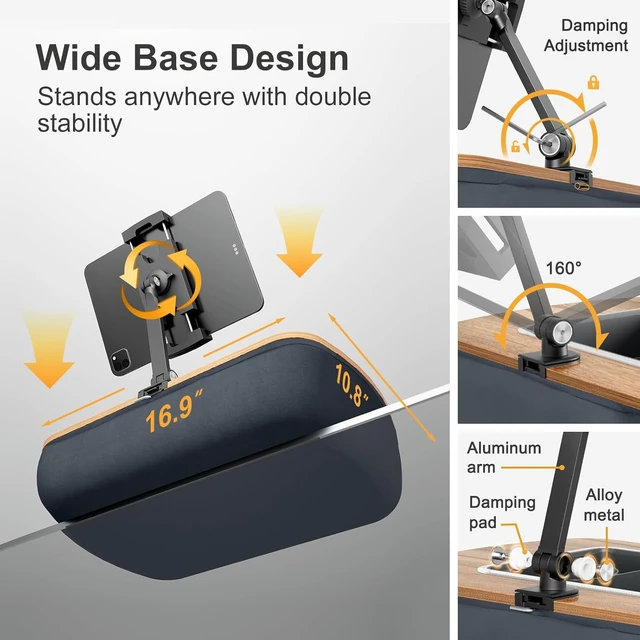 Alt view image 2 of 7 - Tablet Pillow Stand for Lap, Adjustable iPad Holder with Snack Bowl 360° Rotating Clip for 4.7-13" Kindle, Phone, iPad. Ideal for Hands-Free Reading and Relaxation on Bed, Couch, Recliner -Gray