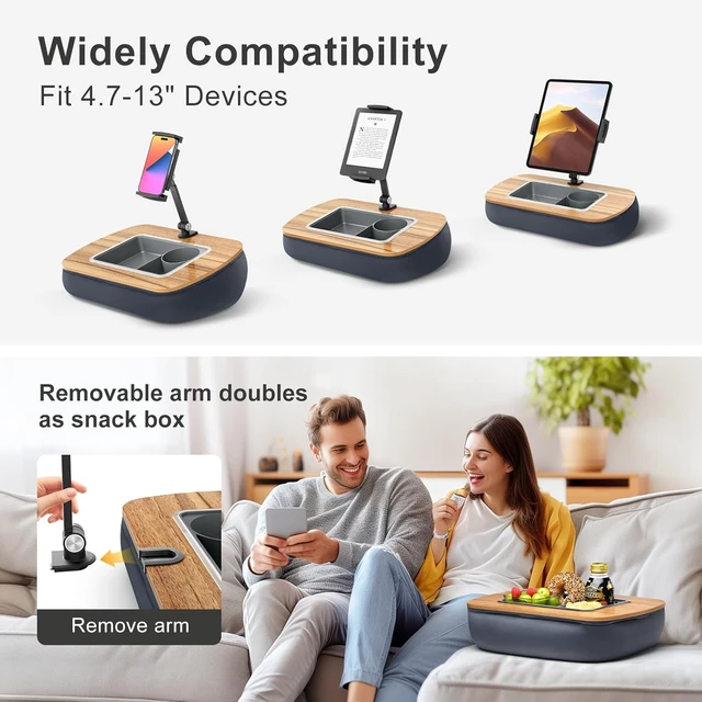Alt view image 6 of 7 - Tablet Pillow Stand for Lap, Adjustable iPad Holder with Snack Bowl 360° Rotating Clip for 4.7-13" Kindle, Phone, iPad. Ideal for Hands-Free Reading and Relaxation on Bed, Couch, Recliner -Gray