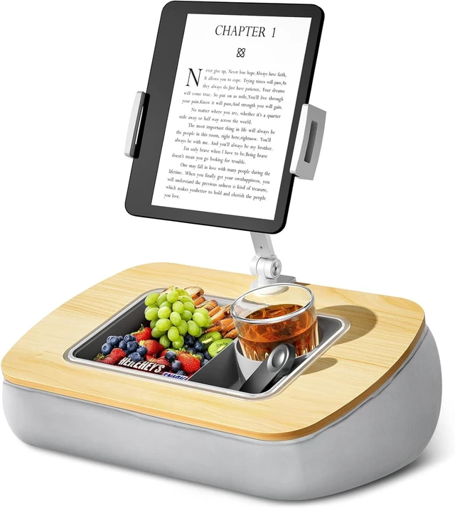 Main image of Tablet Pillow Stand with Snack Bowl,iPad Holder for Bed -Birch Gray Hands-Free Reading and Relaxation on Bed,Couch,Recliner or Your Lap 360° Rotating Clip for 4.7-13" Kindle,eBook,Tablet,iPhone