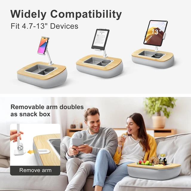 Alt view image 5 of 7 - Tablet Pillow Stand with Snack Bowl,iPad Holder for Bed -Birch Gray Hands-Free Reading and Relaxation on Bed,Couch,Recliner or Your Lap 360° Rotating Clip for 4.7-13" Kindle,eBook,Tablet,iPhone