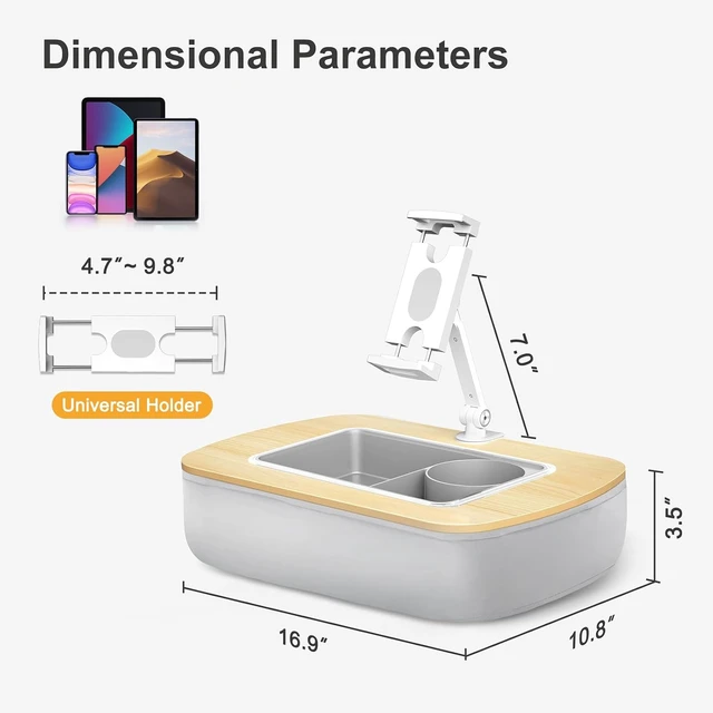 Alt view image 2 of 7 - Tablet Pillow Stand with Snack Bowl,iPad Holder for Bed -Birch Gray Hands-Free Reading and Relaxation on Bed,Couch,Recliner or Your Lap 360° Rotating Clip for 4.7-13" Kindle,eBook,Tablet,iPhone