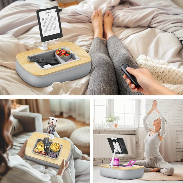 Alt view image 7 of 7 - Tablet Pillow Stand with Snack Bowl,iPad Holder for Bed -Birch Gray Hands-Free Reading and Relaxation on Bed,Couch,Recliner or Your Lap 360° Rotating Clip for 4.7-13" Kindle,eBook,Tablet,iPhone