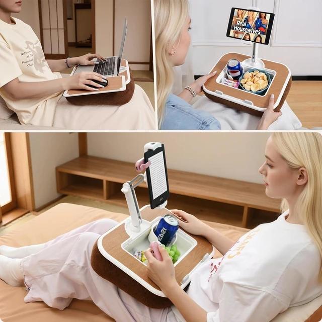 Alt view image 5 of 7 - Tablet Pillow Stand with Snack Bowl, 360° Rotating Laptop Lap Desk for 4.7-13" Kindle/Tablet/Phone, 11-15" Laptop, Pillow Kindle Holder for Hands-Free Reading in Bed, Couch,Floor -Brown