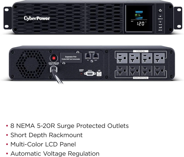 Alt view image 2 of 6 - CyberPower CP2000PFCRM2U PFC Sinewave UPS Battery Backup, 2000VA/1200W, 8 Outlets, AVR, Short Depth 2U Rackmount, UL Certified