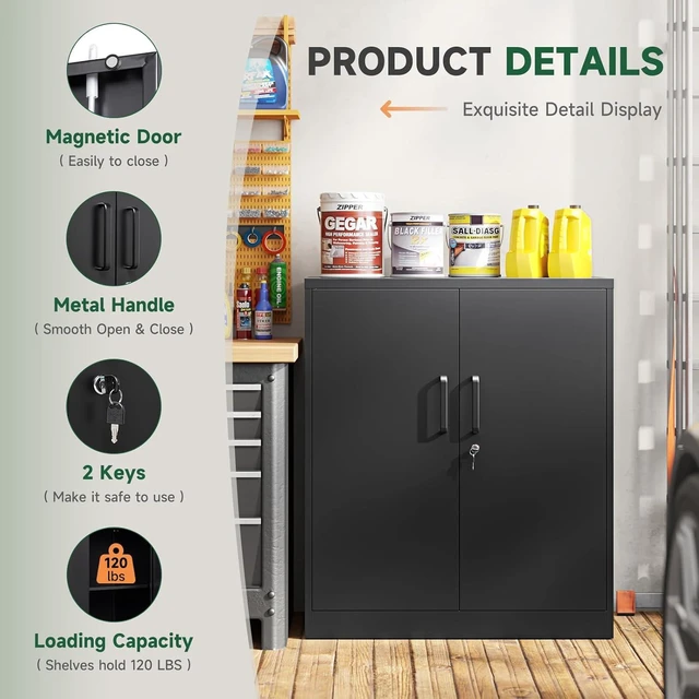 Alt view image 4 of 5 - Metal Storage Cabinets with Lock, Small Locker Steel Cabinets, Adjustable Shelves 2 Doors for Home,Office, Warehouse,Garage (Black - 35.4 X 32 X 16 In)