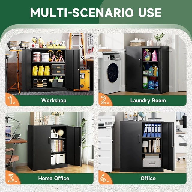 Alt view image 5 of 5 - Metal Storage Cabinets with Lock, Small Locker Steel Cabinets, Adjustable Shelves 2 Doors for Home,Office, Warehouse,Garage (Black - 35.4 X 32 X 16 In)