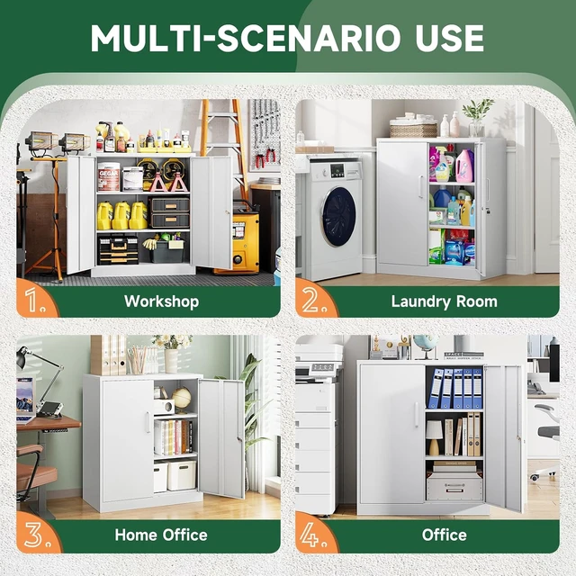 Alt view image 5 of 6 - Metal Storage Cabinets with Lock, Small Locker Steel Cabinets, Adjustable Shelves 2 Doors for Home,Office, Warehouse,Garage (White - 35.4 X 32 X 16 In)