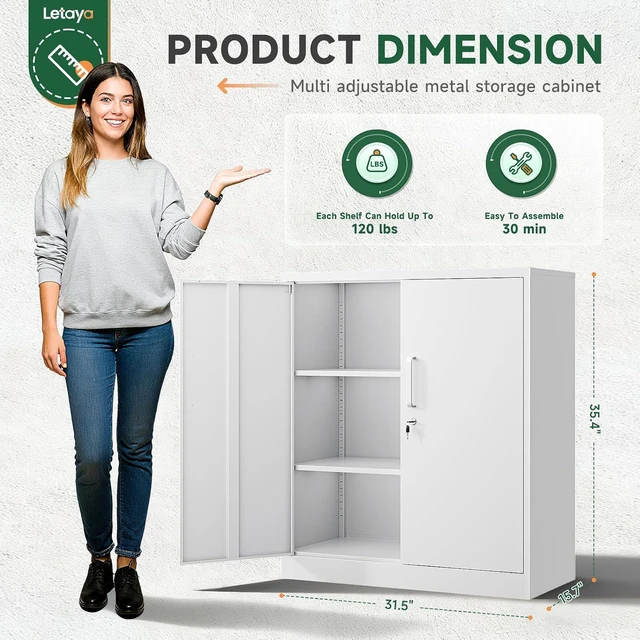 Alt view image 2 of 6 - Metal Storage Cabinets with Lock, Small Locker Steel Cabinets, Adjustable Shelves 2 Doors for Home,Office, Warehouse,Garage (White - 35.4 X 32 X 16 In)