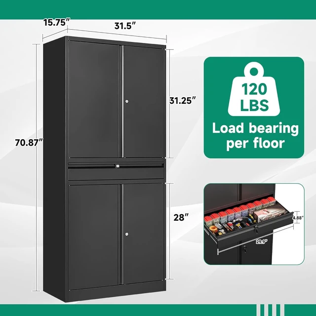 Alt view image 3 of 5 - Metal Garage Storage Cabinet with Drawer,4 Door Tool Cabinet with Lock-2 Adjustable Shelves for Garage Home Office Utility Room (Black)