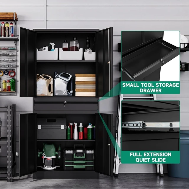 Alt view image 5 of 5 - Metal Garage Storage Cabinet with Drawer,4 Door Tool Cabinet with Lock-2 Adjustable Shelves for Garage Home Office Utility Room (Black)